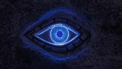 Illuminating neon blue stylized eye emblem emerging from rough stone wall in underground chamber