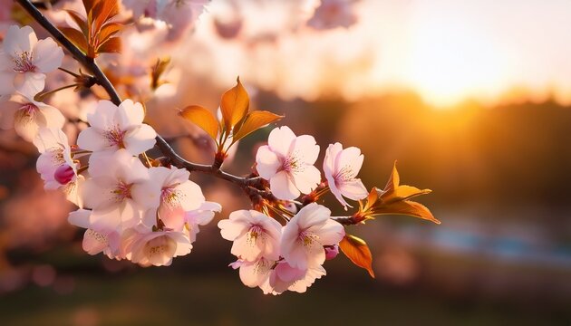 close up of blooming cherry blossom branch with delicate pink and white flowers against a warm and glowing sunset sky