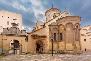 Exterior view of the Armenian Cathedral in Lviv, Ukraine, showing medieval architecture and stone facade