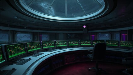 Console displaying green chart lines on monitors in spacecraft command room, with dome viewport