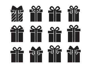 Gifts, party box, black silhouette on transparent background vector set