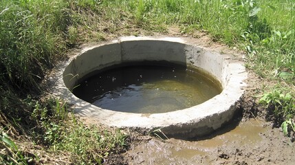 Rural Concrete Water Well in Grassy Field