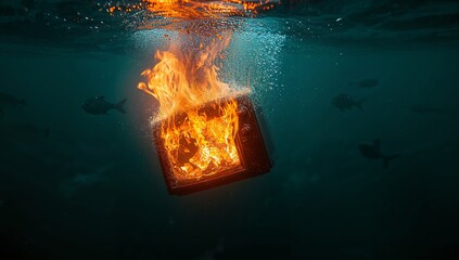 Sinking CRT television set burning in deep ocean water, with rising bubbles and fish silhouettes