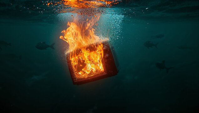 Sinking CRT television set burning in deep ocean water, with rising bubbles and fish silhouettes - Powered by Adobe