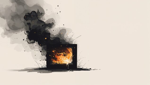 Featuring black laptop erupting fiery flames on beige surface, with swirling smoke and ink