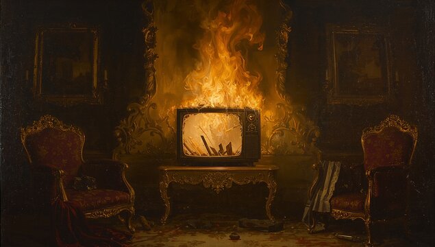 Burning CRT television set sending sparks in formal parlor, with ornate furniture and baroque décor