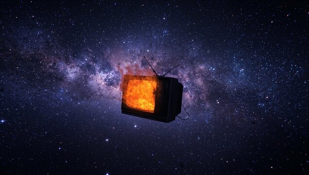 Floating vintage CRT set displaying blazing orange flames in space, with rabbit-ear antennas - Powered by Adobe