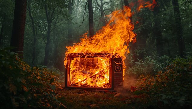 Burning CRT television set spouting smoke plume and emitting flames in misty forest clearing