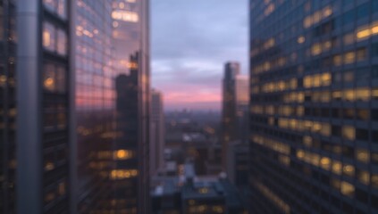 Framing gap between glass towers showing skyline at sunset from rooftop with glowing office lights