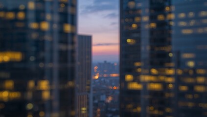 Showing high-rise office towers with lit windows overlooking city lights and sunset sky in downtown