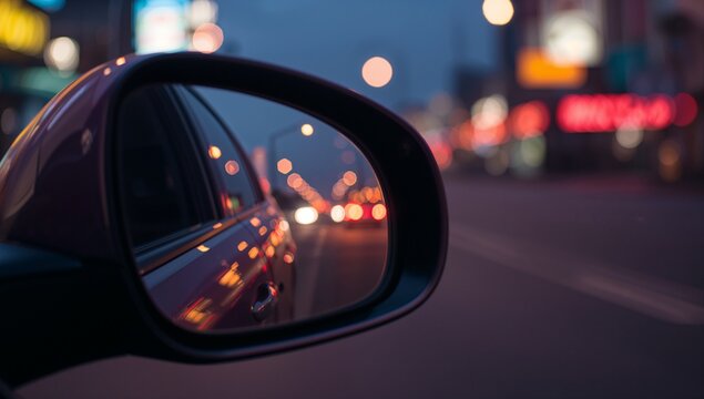 Side-view mirror on door reflecting blurred taillights and neon signs in dusk traffic, copy space - Powered by Adobe
