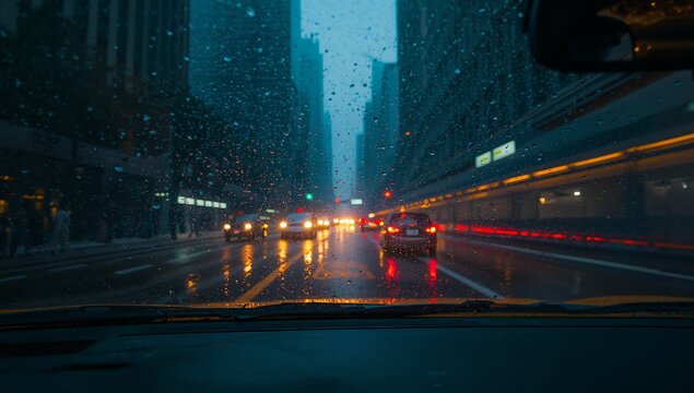 Glistening raindrops reflecting blurred headlights on car windshield on downtown road, wet pavement