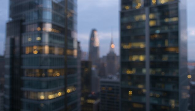 Capturing glass-clad towers glowing in dusk skyline, with illuminated windows and distant spire