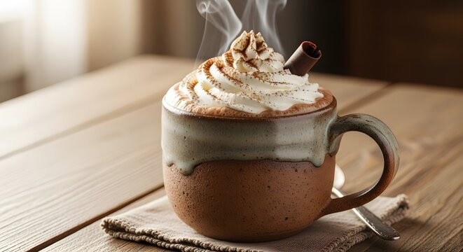 Steaming mug of hot chocolate topped with whipped cream cinnamon stick and walnuts on a rustic wooden table - Powered by Adobe