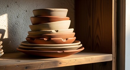 Stack of rustic terracotta pottery bowls and plates bathed in warm sunlight on a wooden shelf showcasing artisanal craftsmanship and natural textures