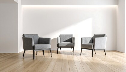 Modern living room with three grey armchairs