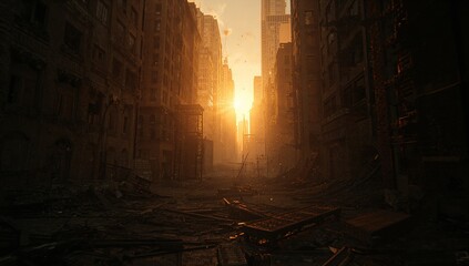 Displaying urban street drowning in rubble twisted metal beams, broken planks and streetlights