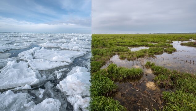 Showing coastal area contrasting drifting ice floes over dark channels, with grassy marsh and pools - Powered by Adobe