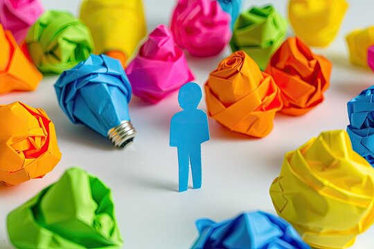 Person amidst colorful crumpled paper ideas; brainstorming session