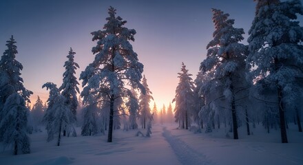 Serene winter forest bathed in soft golden sunrise light with snow covered evergreen trees and a gentle haze
