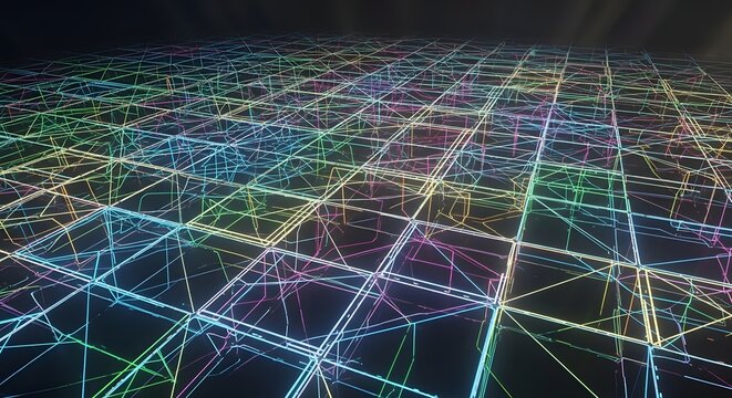 Abstract network of colorful glowing lines forming a futuristic grid pattern against a dark background representing data flow and connectivity