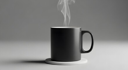 A steaming hot black mug of coffee or tea sits on a coaster with wisps of steam rising into the air against a neutral background
