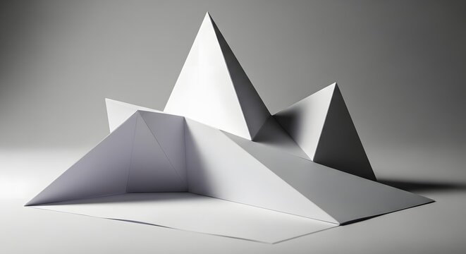 Geometric paper sculpture with sharp angles and dramatic shadows creating a modern abstract art form on a plain background - Powered by Adobe