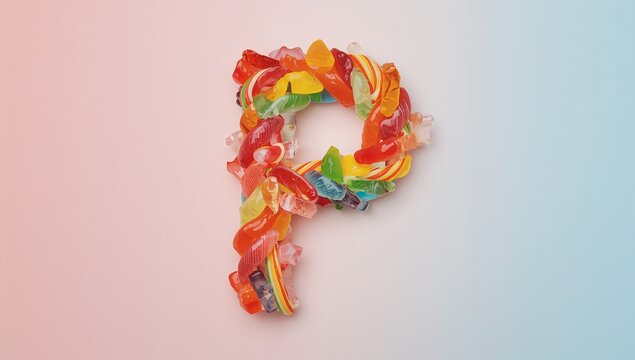 Gummy candies forming letter P shape in studio setup, with rainbow strips and gummy bears