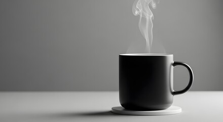 A steaming hot black mug of coffee or tea sits on a coaster against a plain grey background in a minimalist composition