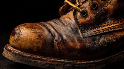 A close-up of the scuffed and creased toe of a heavy, well-maintained leather work boot.
