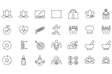 Wellness and Healthy Lifestyle Icon Set with Lotus Flower Healthy Heart Nutrition and Relaxation Techniques for a Holistic Approach to Wellbeing