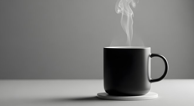 A steaming hot black mug of coffee or tea sits on a coaster against a plain grey background in a minimalist composition - Powered by Adobe