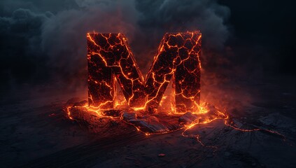 Glowing volcanic rock letter M seeping molten lava streams in volcanic field, with smoke plumes