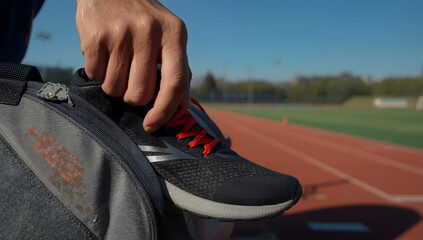 A hand holding a running shoe with red laces, outside on a track field, preparing for a run.