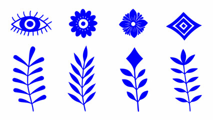 Abstract Blue Hand-Drawn Symbol Collection, Vector abstract logo templates, icons and symbols, art prints with minimal shapes in floral wavy ink rough hand drawn naive style