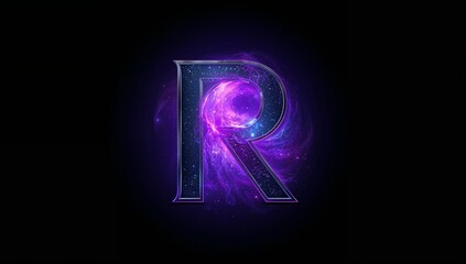 Shining stylized metallic letter R rotating in space, with galaxy starfield, purple nebula glow