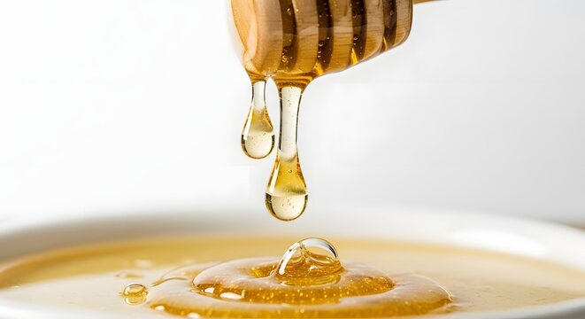 Golden liquid honey drips from a wooden dipper into a white bowl creating ripples and glistening droplets