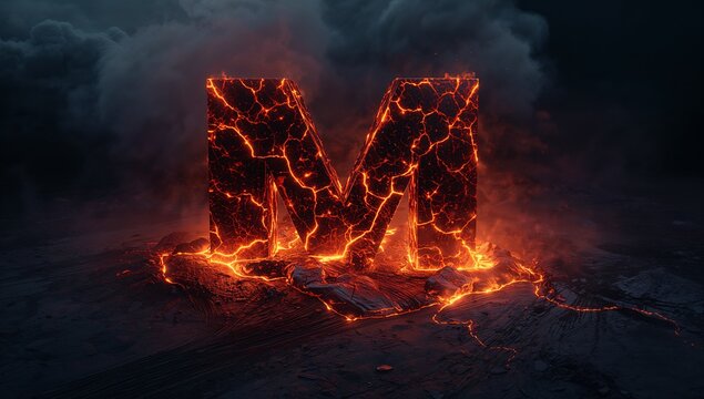 Glowing volcanic rock letter M seeping molten lava streams in volcanic field, with smoke plumes - Powered by Adobe