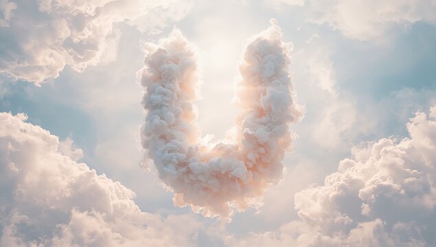 Floating U-shaped cloud formation glowing in sunlight in pastel-hued sky with cumulus cloud banks - Powered by Adobe