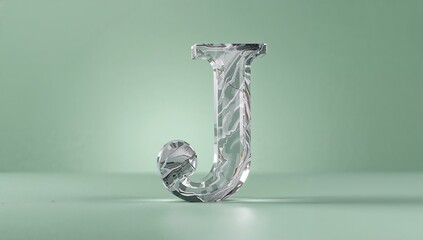 Displaying crystal-like letter J sculpture on pastel green platform in studio, with marble swirl