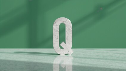 Standing marble-textured capital letter Q on glossy green surface, reflecting diagonal shadows