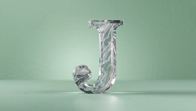 Displaying crystal-like letter J sculpture on pastel green platform in studio, with marble swirl - Powered by Adobe