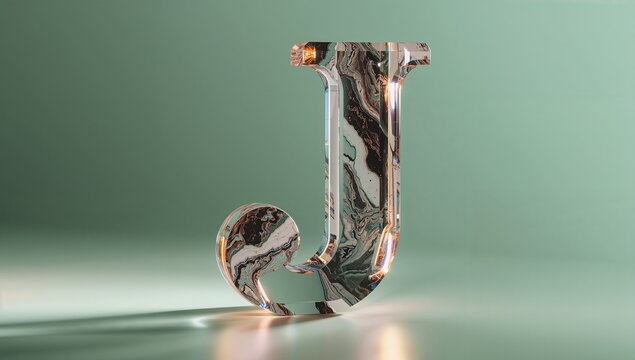 Standing marble-textured letter J on reflective studio platform, with green gradient backdrop - Powered by Adobe