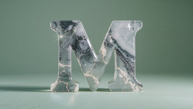 Shining marble letter M displaying intricate veining in minimalist studio, with green backdrop - Powered by Adobe