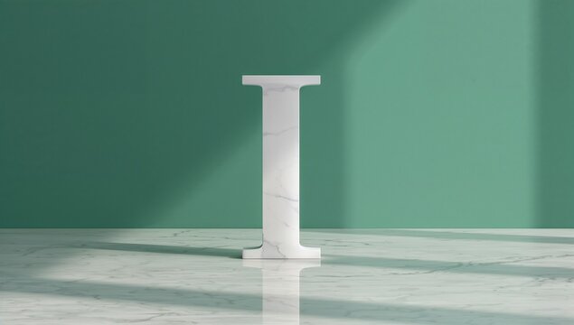 Standing minimal marble letter I reflecting floor light in modern room, with geometric shadows
