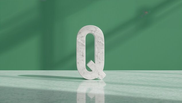 Standing marble-textured capital letter Q on glossy green surface, reflecting diagonal shadows