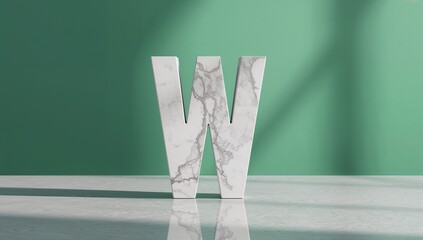 Standing marble letter W casting soft diagonal shadows on green wall, on polished marble floor