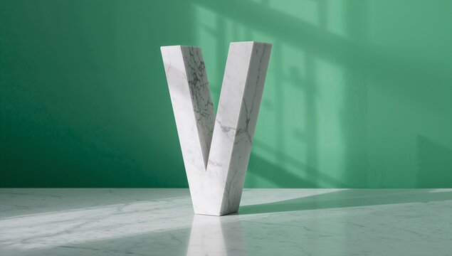 Standing white marble V-shaped sculpture on marble surface in studio, casting window shadow - Powered by Adobe