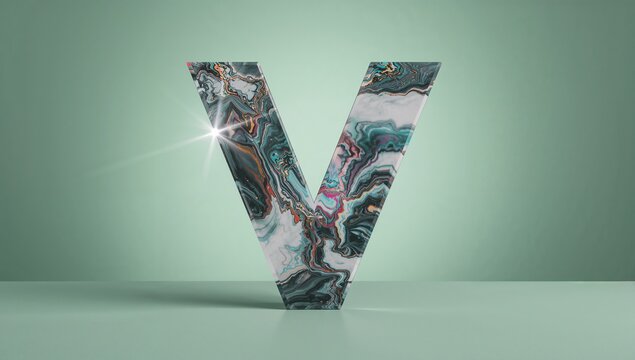 Three-dimensional letter V with swirling marble standing on mint green platform, with highlight