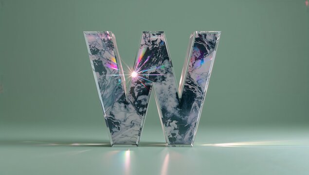 Shining marbled letter W reflecting on minimalist studio floor, with starburst light flare - Powered by Adobe